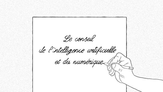 Illustration de Magali Jacquemet représentant une page blanche avec une main qui écrit "Le Conseil de l'intelligence artificielle et du numérique".