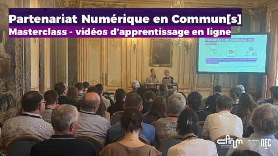 NEC 2023 - photo de la masterclass de Dominique Pasquier et Quentin Gilliotte prise du fond de la salle où l'on voit le public au premier plan et les deux intervenants et leur présentation en arrière-plan