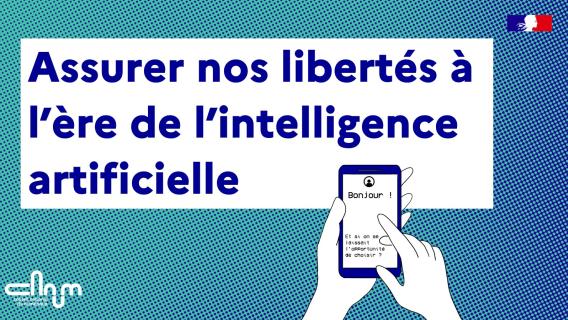 Visuel assurer nos libertés à l’ère de l’intelligence artificielle avec un dessin montrant une paire de main utilisant un smartphone