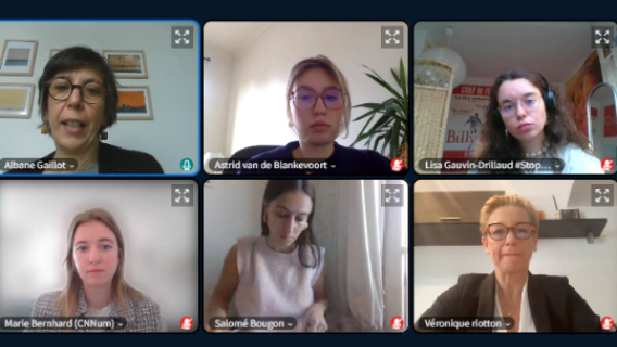 Capture d'écran de la visioconférence réunissant Albane Gaillot, Marie Bernhard, Salomé Bougon, Véronique Riotton, Astrid van de Blankevoort et Lisa Gauvin Drillaud lors du première échange collectif en ligne sur les liens entre éducation à la sexualité et haine en ligne