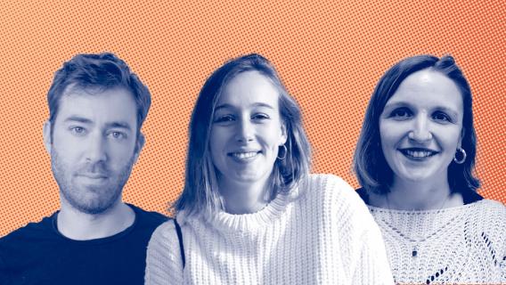 Sur un fond en bichromie orange et blanc apparaissent les photos des 3 enseignants interviewés, avec de gauche à droite, Céline Cael, Salomé Bougon et Laurent Reynaud