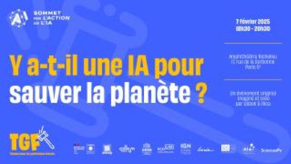 Bandeau du Tribunal pour les Génération Futures avec le titre "Y a-t-il une IA pour sauver la planète ?" et l'ensemble des logos des partenaires.
