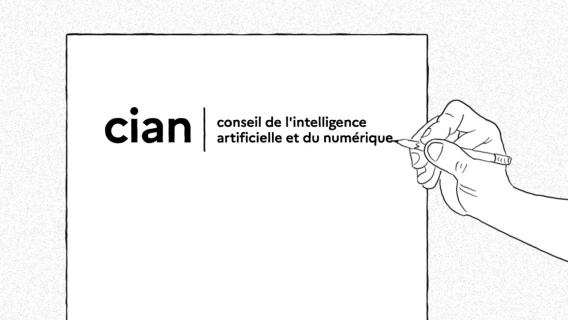 Illustration de Magali Jacquemet représentant une page blanche avec une main qui écrit "Cian, Conseil de l'intelligence artificielle et du numérique".