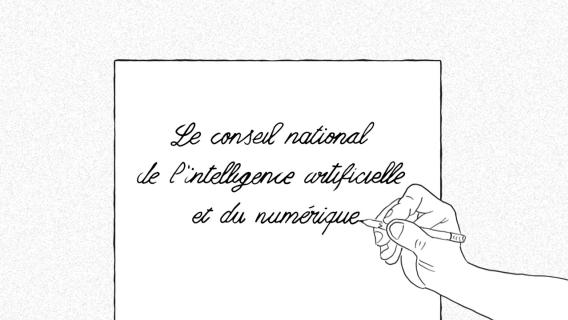 Illustration de Magali Jacquemet représentant une page blanche avec une main qui écrit "Le Conseil national de l'intelligence artificielle et du numérique".