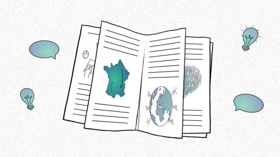 Illustration de Magali Jacquemet représentant un livre ouvert avec divers éléments comme une carte de France, des ampoules et bulles, une planète...